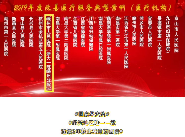 绍兴地区唯一一家连续2年上榜 ▏我院荣获2019年度全国“改善医疗服务群众满意的医疗机构”的称号！